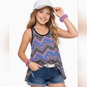 Girls Multicolor Chevron Tank Top M Boho Tribal Print Sleeveless Flowy Blouse
